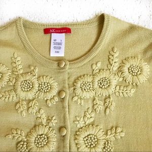 Anne Klein sunflower embroidered wool tan sweater
